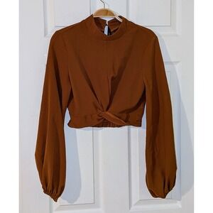 AVANOVA Women's Brown Mock Neck Twisted Cropped Long Sleeve Blouse Top Small NWT